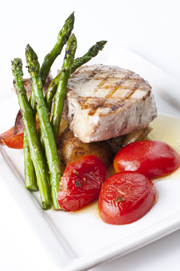 Grilled Mahi Mahi (or whitefish) with fresh vegetables.